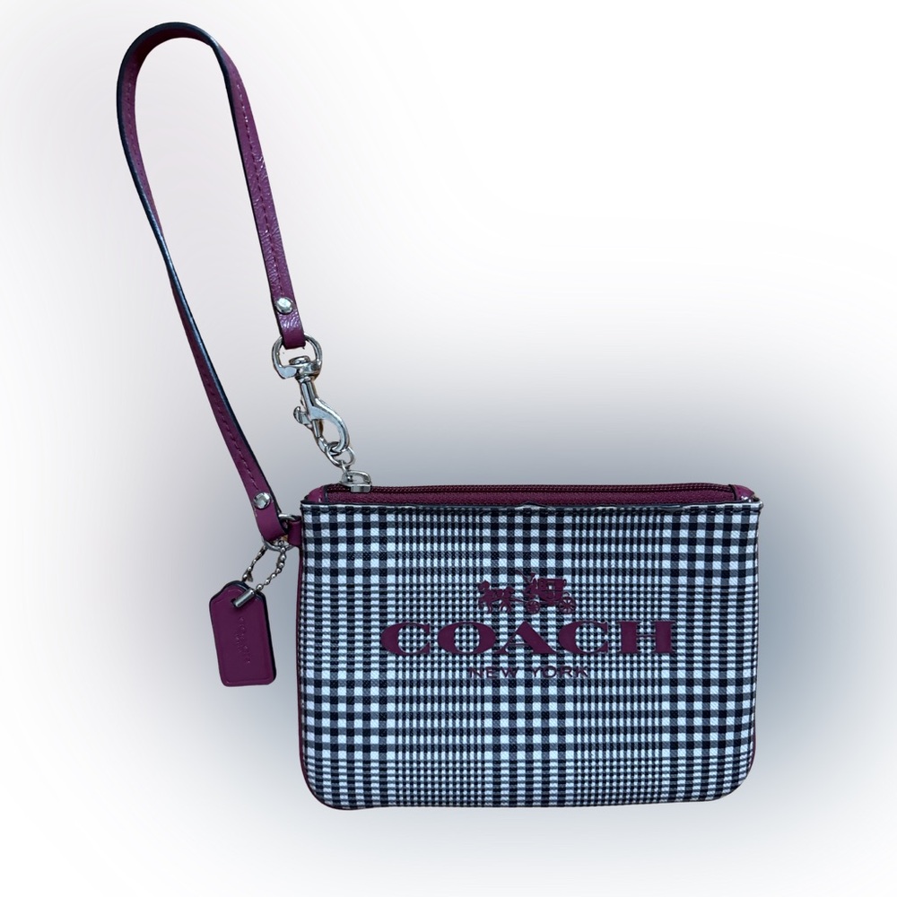 💜👜 COACH New York Gingham Wristlet Pouch – Plaid Logo Zip – MSRP $128 👜💜